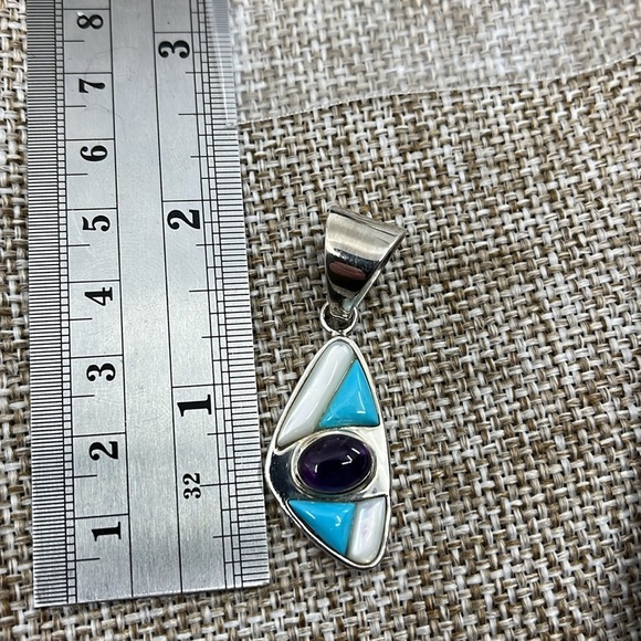 🌊 Jay King Mine Finds 925 Silver Turquoise, Amethyst & MOP Eye Pendant - Picture 8 of 10